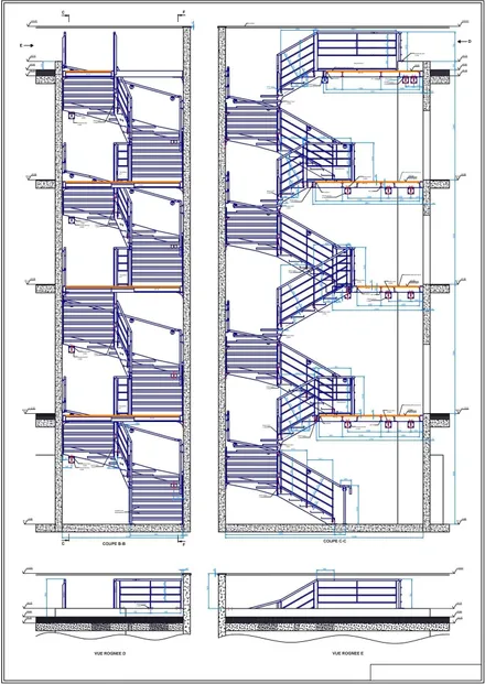 Escalier multi-étage, plan de détail